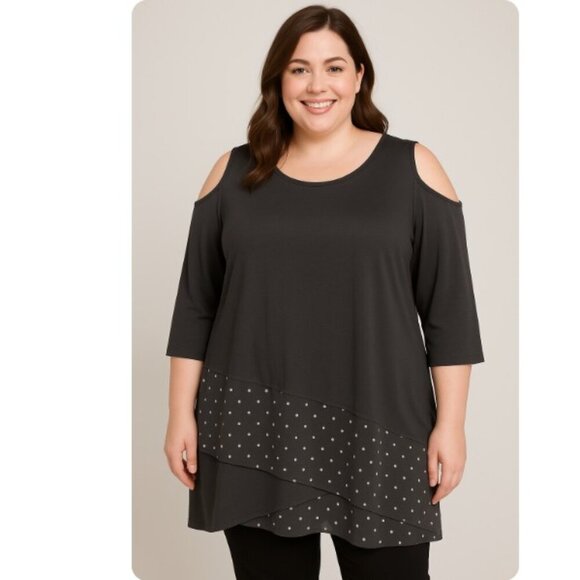 Allison Daley Tops - Allison Daley Black Top 2X Tunic Length 3/4 Cold Shoulder Sleeve White Polka Dot
